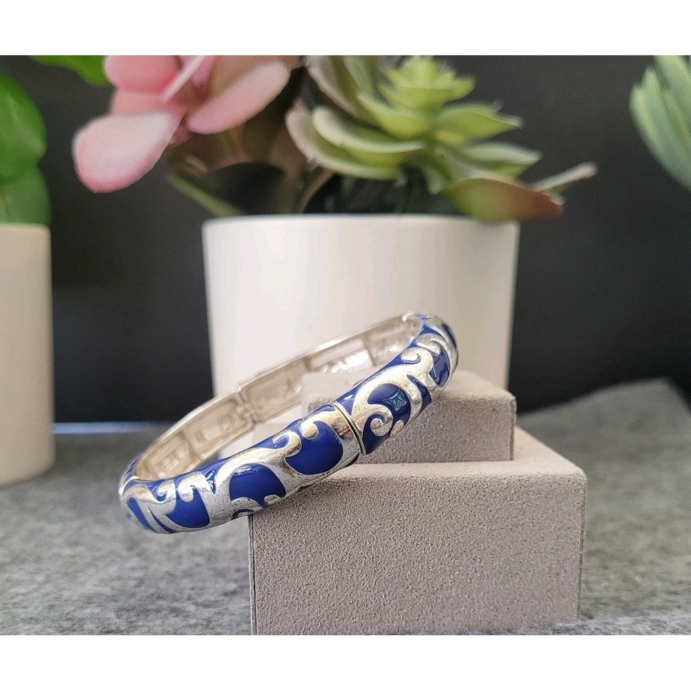 Champleve Cloisonne Style Blue Silver Tone Stretch Statement Bracelet